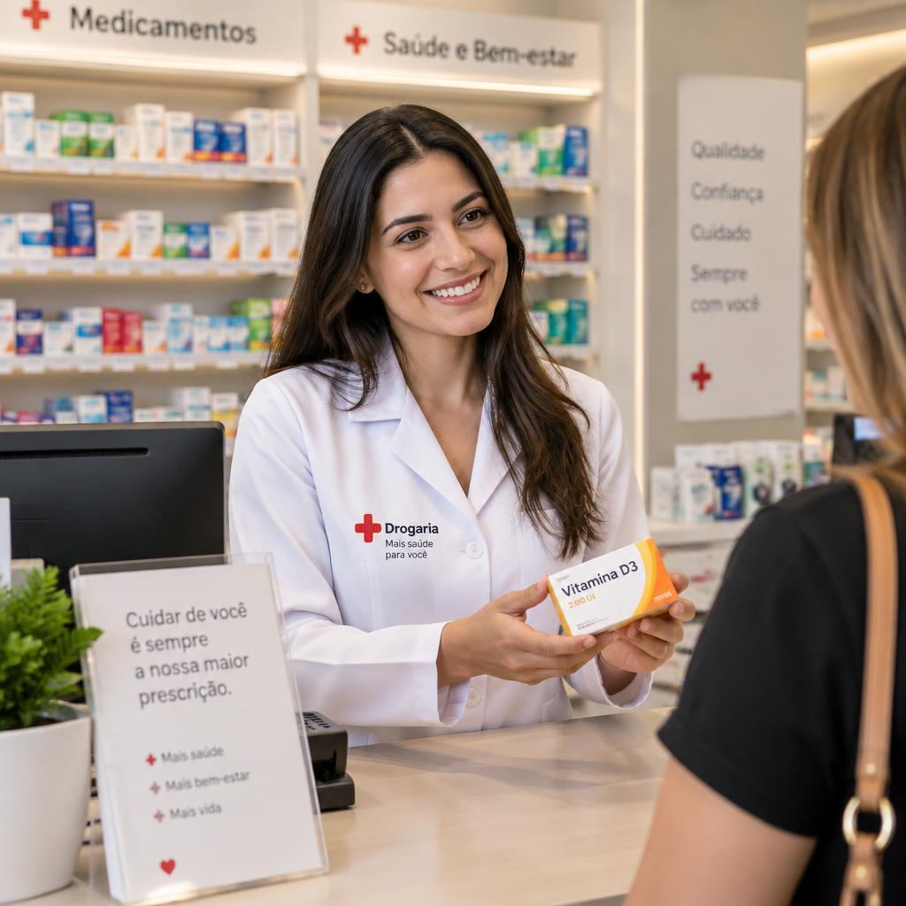 Atendente farmacêutica utilizando o Nexus 360 no balcão da drogaria